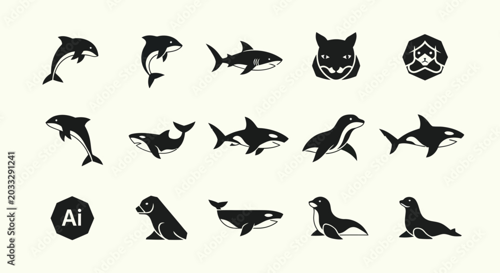 Fototapeta premium Marine Mammal Icons: Dolphins, Sharks, Seals, Whales & Tiger Face