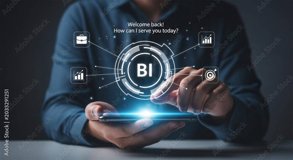 Fototapeta premium Business Intelligence BI dashboard on smartphone, digital data analytics interface, businessman using mobile technology for financial growth