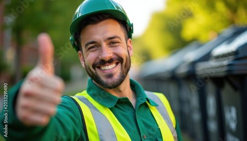 Smiling sanitation worker in green uniform and helmet gives thumbs up. He works in waste management service, keeping city clean. Appreciating public service worker.