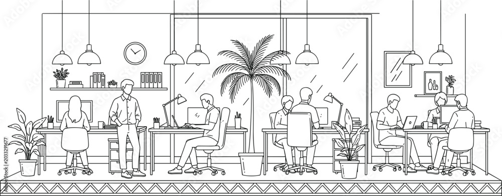 Obraz premium Modern open office workspace illustration featuring collaborative business environment remote teamwork and professional corporate interior design