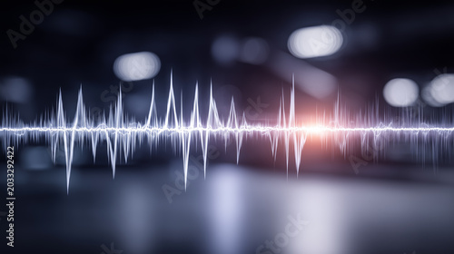 A digital audio waveform across an abstract interface, representing voice technology, sound analysis and data driven communication systems.
