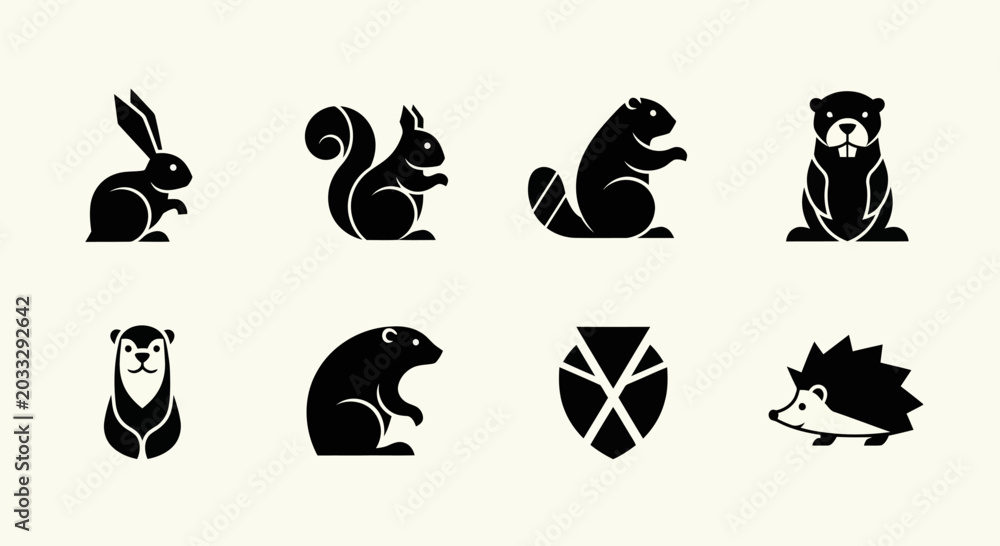 Fototapeta premium Forest Animal Icons: Rabbit, Squirrel, Beaver, Otter, Hedgehog, Marmot