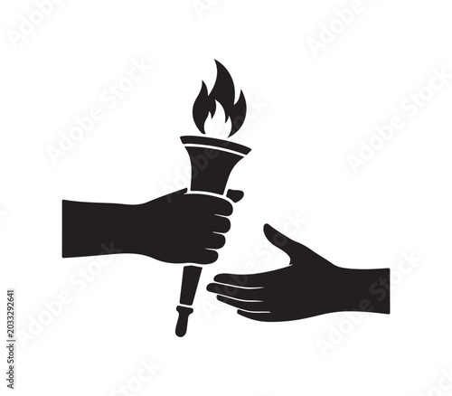 Hand Passing Burning Torch to Another Hand Symbolizing Succession and Leadership