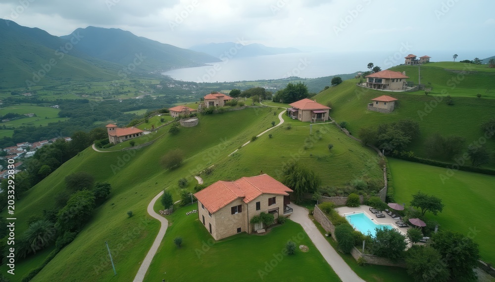 Naklejka premium Aerial view of houses on green hills near a bay. Buildings have red tile roofs and sit on lush grassy slopes. A swimming pool with lounge chairs is visible.