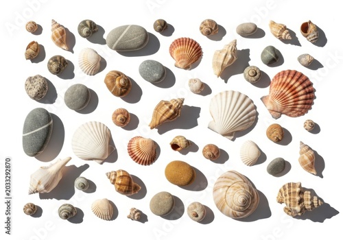 Collection of various seashells and smooth sea stones isolated on white background