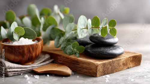 Spa self care essentials including stacked basalt stones, a wooden gua sha tool, bath salt, and fresh eucalyptus branches, promoting wellness and natural beauty routines