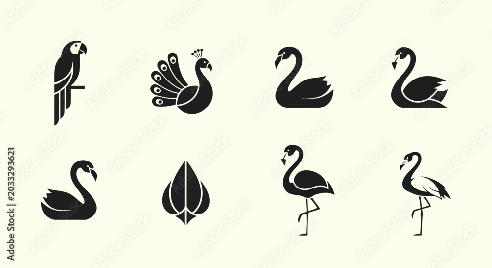 Obraz premium Elegant Bird Silhouettes Collection: Parrot, Peacock, Swan, Flamingo Icons