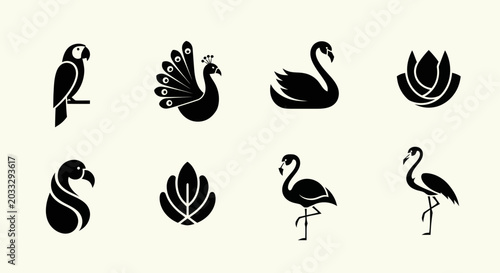 Elegant Bird Silhouettes Collection: Parrot, Peacock, Swan, Flamingo, Heron Icons