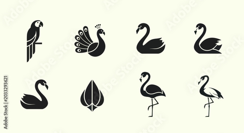 Elegant Bird Silhouettes Collection: Parrot, Peacock, Swan, Flamingo Icons