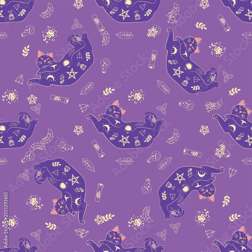Mystical seamless pattern of cats in boho style, silhouette collection. Esotericism and mysticism, occultism. Cartoon flat vector illustrations, isolated