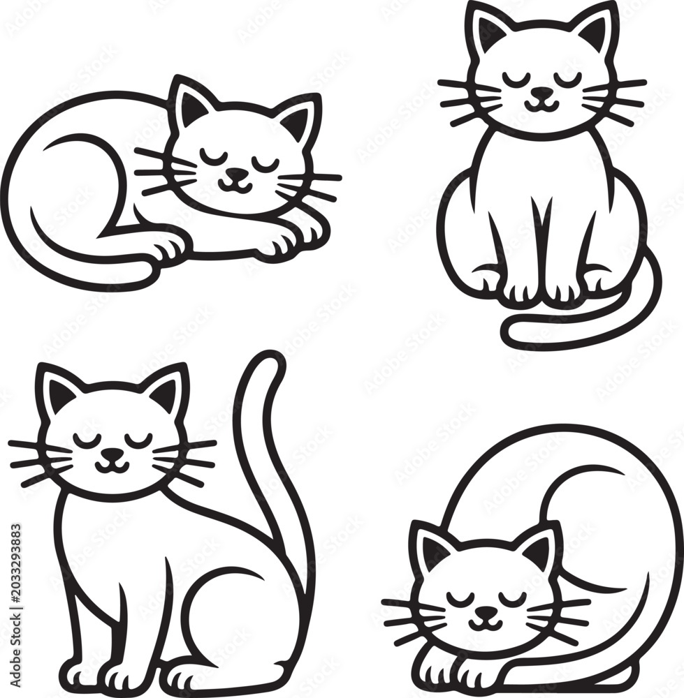Fototapeta premium Cats in various resting positions are displayed as a set of four minimalist black line art illustrations on a white background, creating a cute and simple collection for design projects.