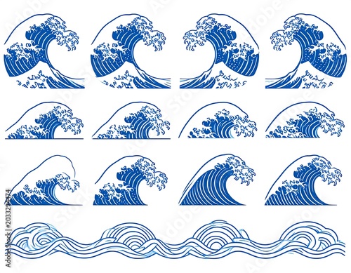 Blue Japanese Style Ocean Wave Illustrations Arranged in Grid on White Background