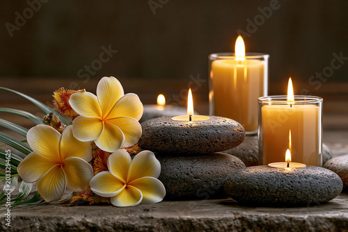 Relaxation setup with stones, candles, and flowers in a calming space