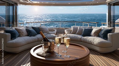 Luxury yacht lounge area with drinks and ocean view during sunset