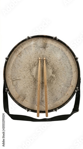 Top view of a vintage marching snare drum with wooden drumsticks resting on the drumhead isolated on white background