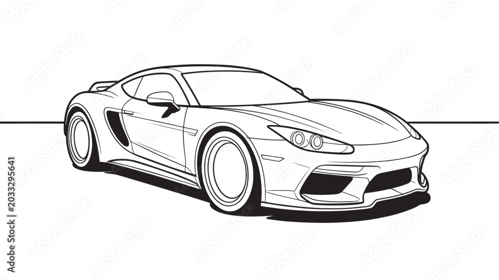 Fototapeta premium Modern sports car line art illustration, sleek luxury coupe vector drawing, minimalist automotive outline for coloring book or logo design