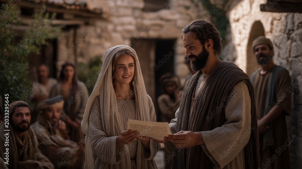 Fototapeta premium As Paul entrusts Phoebe with the scroll, believers stand together in a humble courtyard, united in spreading the message of Christ with faith and purpose. 