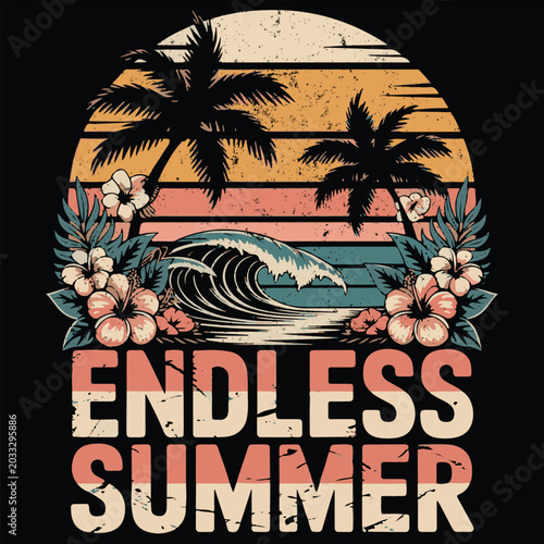 Tableau sur toile Endless Summer Vintage Tropical Beach Sunset T-Shirt Vector Design