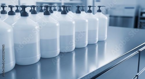A line of plastic pump bottles filled with bulk hand sanitizer standing on a clean industrial stainless steel surface in a manufacturing facility setup