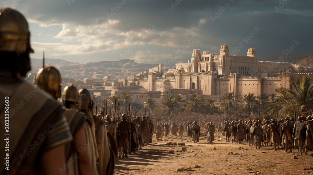 Fototapeta premium The Babylonian army surrounds Jerusalem, showing how rebellion and disobedience can bring destruction, fear, and the collapse of a once-protected nation 