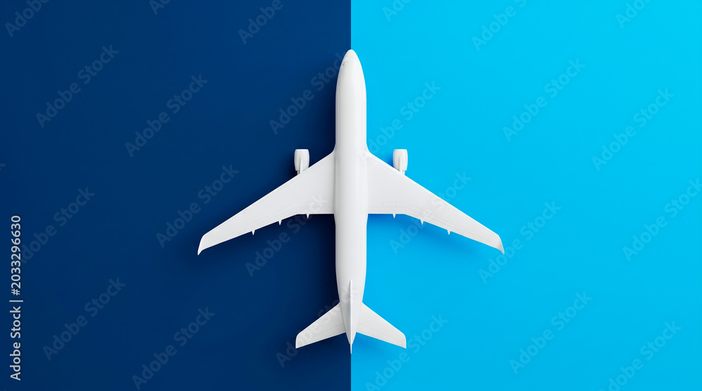 Naklejka premium Minimalist white airplane model centered on a split blue background