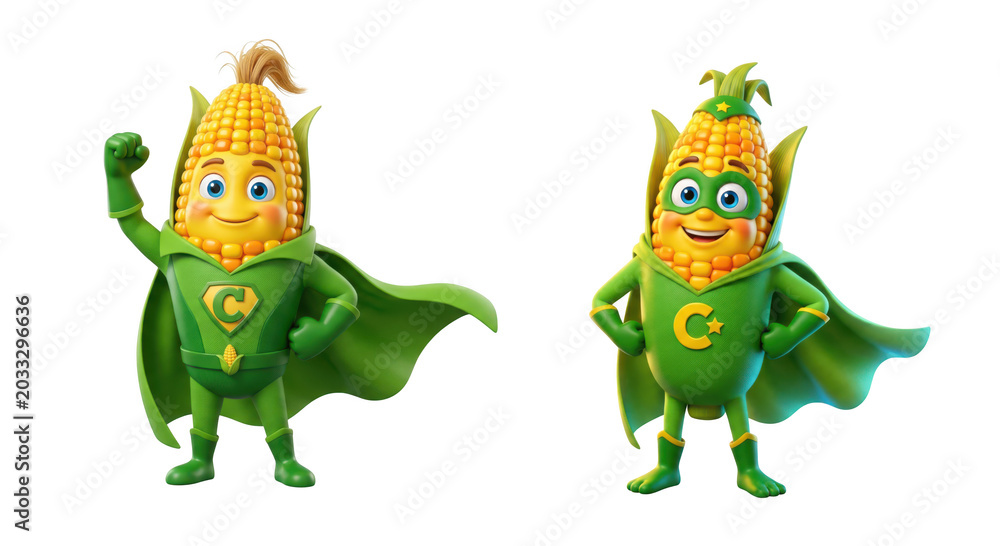 Naklejka premium Two 3d superhero corn characters in green capes isolated on transparent background