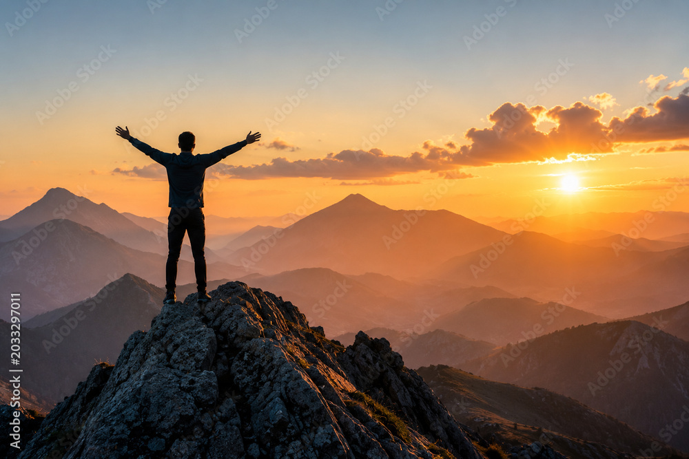 Fototapeta premium silhouette of a man on the top of mountain