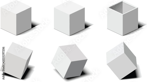 Isometric white cube set with 6 vector icons, 3D geometric square blocks in various angles, minimalist blank cardboard box mockups for packaging design
