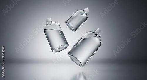 Three transparent plastic bottles filled with clear bulk hand sanitizer floating in the air against a clean minimal studio background for display