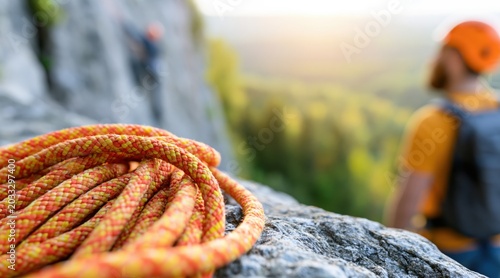 Coiled orange climbing rope on rock with blurred climbers and forest landscape at sunset