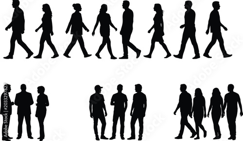 Fotografía Vector silhouettes of people walking and standing in groups isolated on a white
