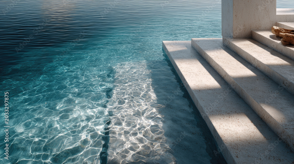 Fototapeta premium Clear turquoise water inside a modern swimming pool with concrete steps. Sunlight creating beautiful caustic patterns on the pool steps and bottom