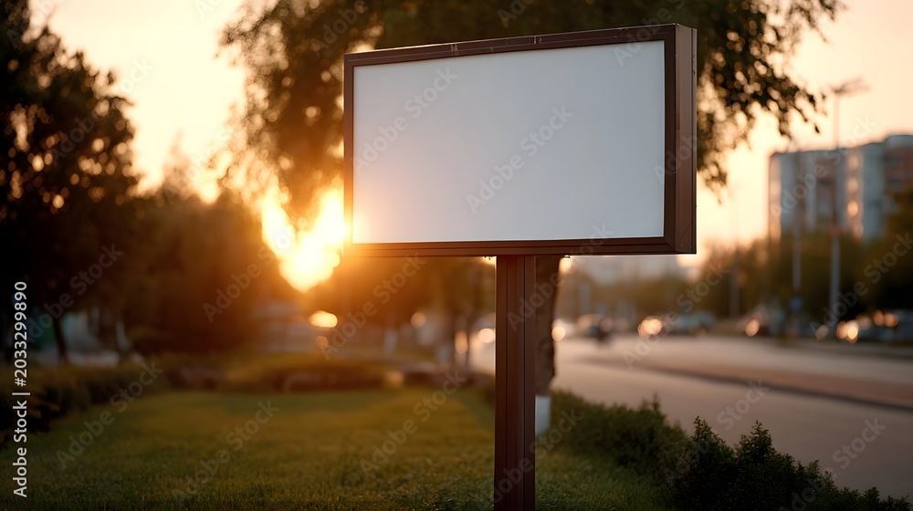 Obraz premium A blank rectangular sign stands prominently in a sunlit outdoor setting framed by trees and warm evening light