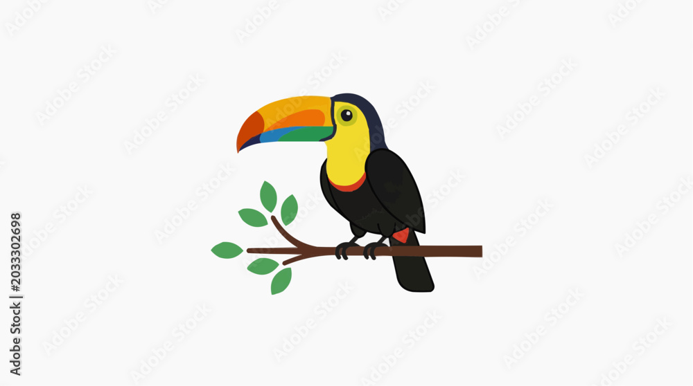 Obraz premium Colorful Toucan Bird Perched on a Branch with Green Leaves PNG Isolated on transparent background