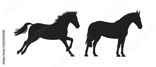 Cuadro en lienzo Two black horse silhouettes on a white background featuring one galloping horse