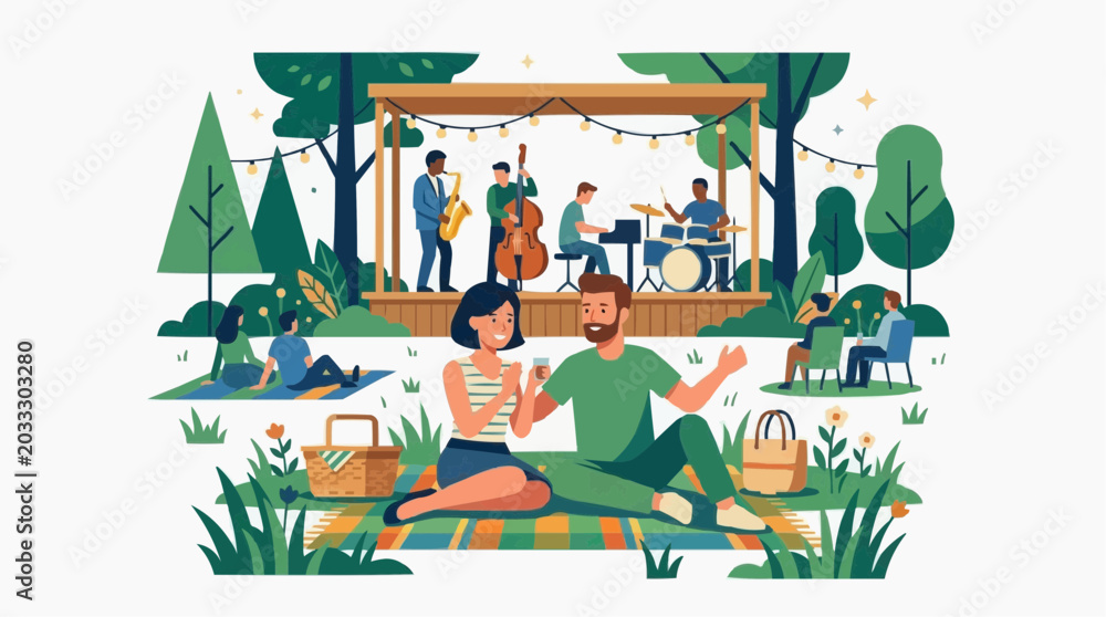 Fototapeta premium People enjoying outdoor concert picnic with live jazz band performance in park PNG Isolated on transparent background