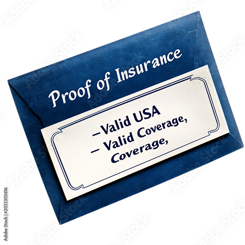 Blue envelope with a label that says proof of insurance and lists valid usa coverage details, isolated on transparent background