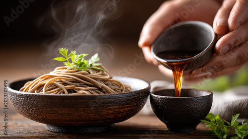 Person pouring rich dashi sauce into a small bowl. Preparing a customary Japanese cold soba meal with healthy buckwheat noodles. Fresh green garnish. And rising steam