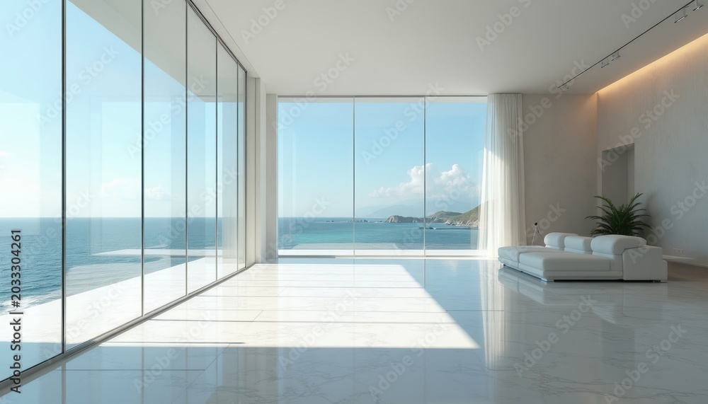 Fototapeta premium Minimalist white interior with large glass windows facing ocean. Bright sunlit room, luxury living space with modern sofa and sea view. Calm, airy, elegant design.