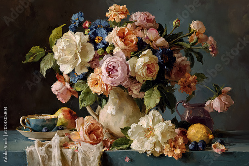 Still life composition with vibrant roses, peonies, and delphinium in a pitcher with fruit and tableware