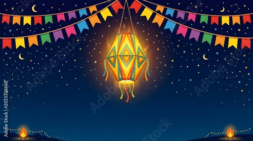 Glowing Festa Junina Paper Balloon in Starry Night Sky