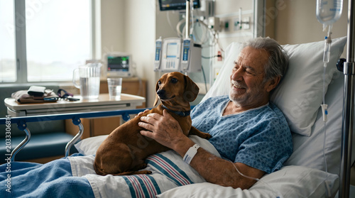 Senior man receiving comfort from therapy dog in hospital