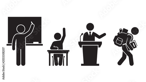 Stick figures of students and teacher in educational settings for school and learning concepts
