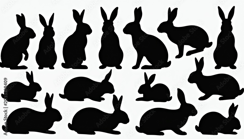Fototapeta premium Set of black rabbit silhouettes in various poses and sizes on a white background. Simple graphic art depicts different animal forms for design use.