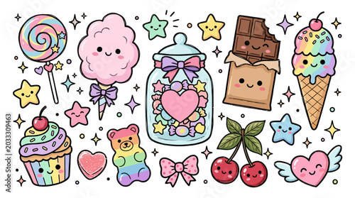 Colorful candy and dessert sweet treats.