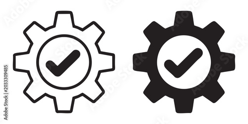 Gear with check mark icon set representing quality control technical maintenance and settings done.