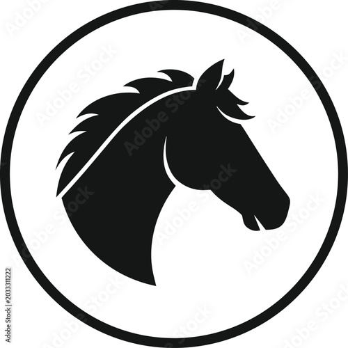 Horse head profile icon inside circular frame for equestrian emblem design.