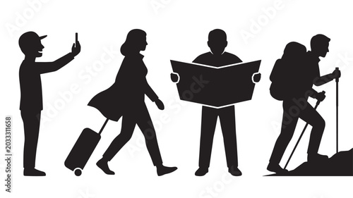 Silhouettes Of People Traveling And Navigating For Adventure And Travel Concepts