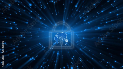 Secure digital lock safeguards international database networks. High tech digital lock protects worldwide cloud computing infrastructure. Cyber security concept utilizing a digital lock.