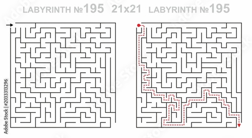 Solved maze vector 21x21 with answer key. Square labyrinth for kids activity. Maze challenge with answers. Easy to use.